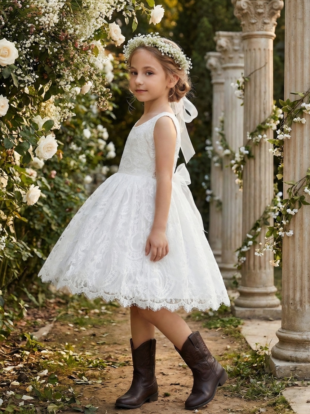 2Bunnies Girls Paisley Lace Tulle Sleeveless Knee-Length Dress White 7/8